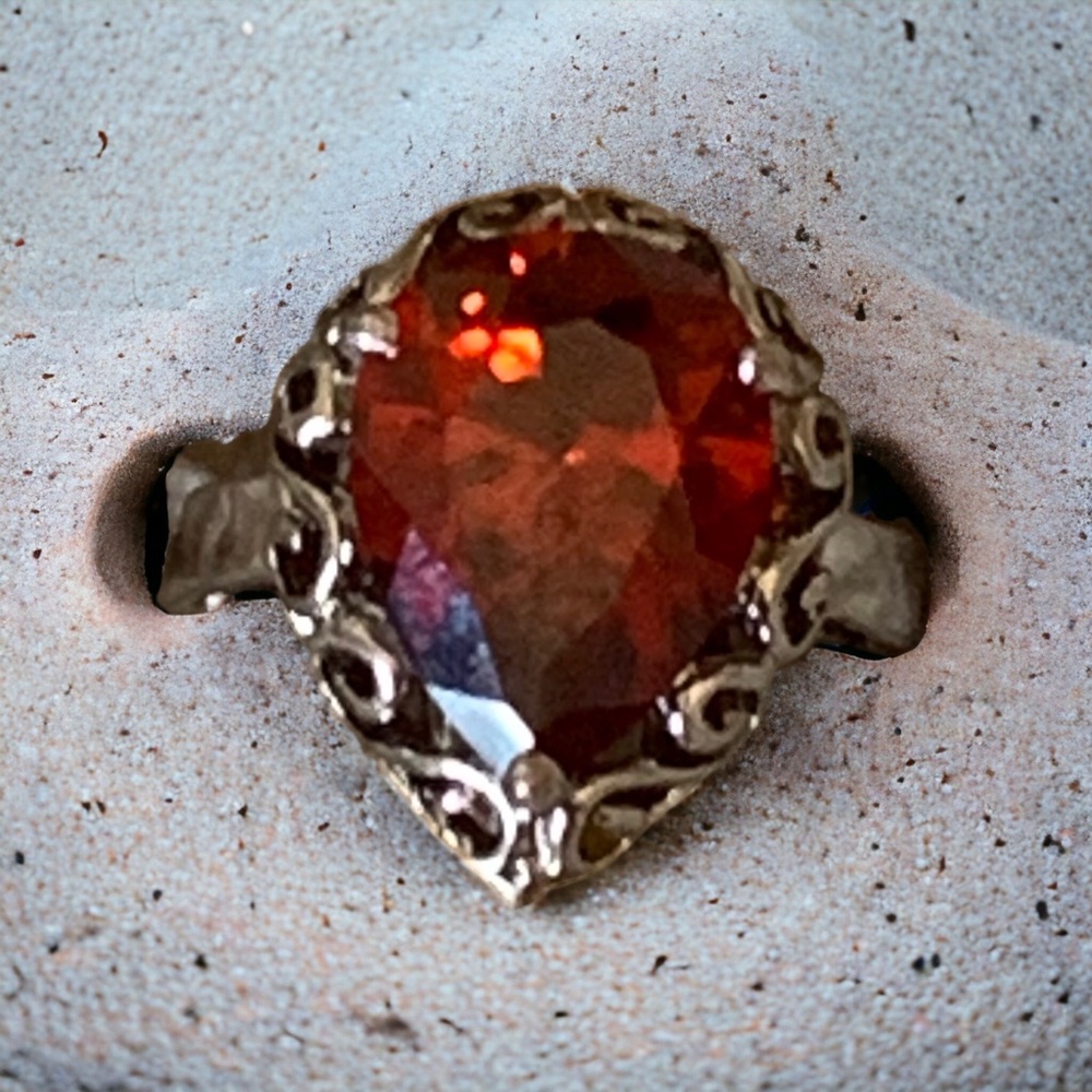 Garnet Amber Red Cz Silver Pear Shape Dinner Cocktail Ring Women’s Jewelry - Picture 4 of 12